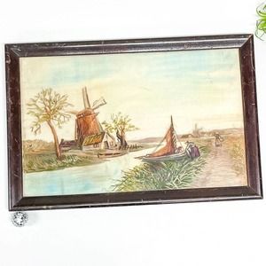 Antique Thread Painting / Framed Antique Crewel / Antique Needlework Landscape